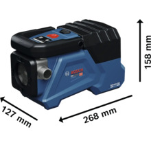 Bosch Professional Akku-Wasserpumpe mit bürstenlosem Motor, Abmessungen 268 Millimeter Länge, 158 Millimeter Höhe und 127 Millimeter Breite.