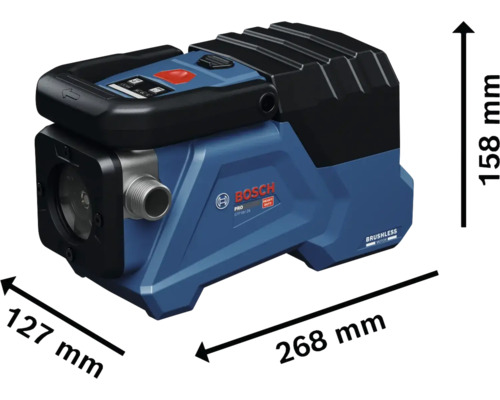 Bosch Professional Akku-Wasserpumpe mit bürstenlosem Motor, Abmessungen 268 Millimeter Länge, 158 Millimeter Höhe und 127 Millimeter Breite.