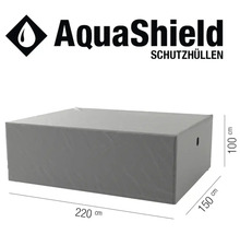 AquaShield Schutzhülle für Gartenmöbel mit den Maßen 220 cm Länge, 150 cm Breite und 100 cm Höhe.