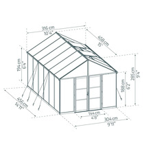Technische Zeichnung eines Gewächshauses mit Maßangaben.