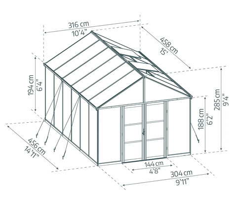 Technische Zeichnung eines Gewächshauses mit Maßangaben.