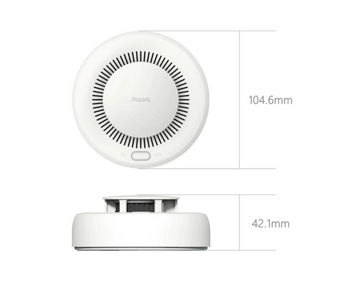 Aqara Rauchmelder mit den Maßen 104,6 mm mal 42,1 mm.