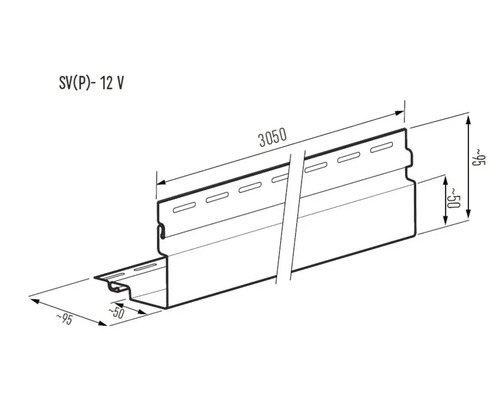 Technische Zeichnung eines Fassadenprofils SV(P)- 12 V mit Maßen 3050 Millimeter Länge, circa 95 Millimeter Höhe und circa 95 Millimeter Tiefe.
