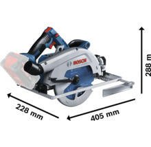Bosch Akku-Handkreissäge 18 Volt, blau silber, Bosch Logo, 405 Millimeter Länge, 288 Millimeter Höhe und 228 Millimeter Breite.