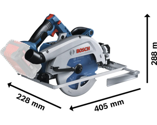 Bosch Akku-Handkreissäge 18 Volt, blau silber, Bosch Logo, 405 Millimeter Länge, 288 Millimeter Höhe und 228 Millimeter Breite.