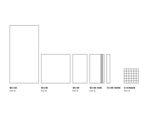 Verschiedene Fliesengrößen: 60 x 120, 60 x 60, 30 x 60, 30 x 60 Stufe, 7,2 x 60 Sockel, 5 x 5 Mosaik
