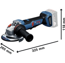 Bosch Akku-Winkelschleifer mit Seitengriff, Abmessungen: Länge 325 Millimeter, Breite 265 Millimeter und Höhe 118 Millimeter.