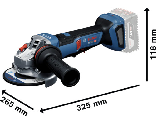 Bosch Akku-Winkelschleifer mit Seitengriff, Abmessungen: Länge 325 Millimeter, Breite 265 Millimeter und Höhe 118 Millimeter.