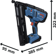 Bosch Akku-Nagler mit Maßangaben: Höhe 323 Millimeter, Länge 385 Millimeter, Breite 95 Millimeter.