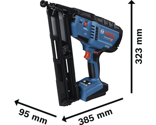 Bosch Akku-Nagler mit Maßangaben: Höhe 323 Millimeter, Länge 385 Millimeter, Breite 95 Millimeter.