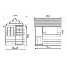 Maße des Spielhauses: Seitenansicht und Vorderansicht mit Höhen- und Breitenangaben in Zentimetern