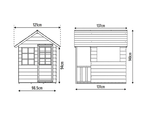 Maße des Spielhauses: Seitenansicht und Vorderansicht mit Höhen- und Breitenangaben in Zentimetern