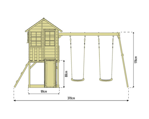 Abbildung eines Spielhauses mit Schaukelgerüst und den Maßangaben.