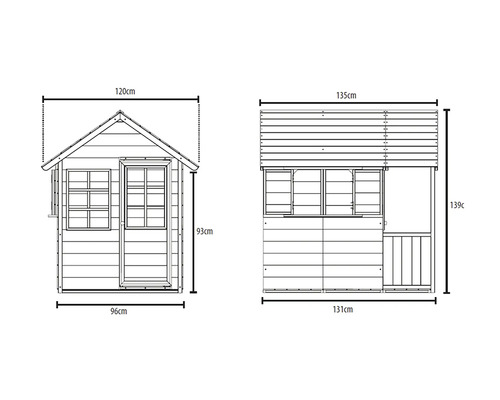Dimensionsdarstellung eines Spielhauses mit Tür und Fenster