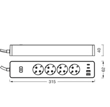 Maßzeichnung einer Steckdosenleiste mit 4 Steckdosen und USB-Ports, Länge 315 Millimeter, Breite 62 Millimeter, Höhe 40 Millimeter.