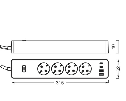 Maßzeichnung einer Steckdosenleiste mit 4 Steckdosen und USB-Ports, Länge 315 Millimeter, Breite 62 Millimeter, Höhe 40 Millimeter.