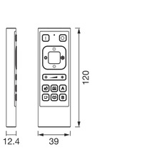Maßzeichnung einer Fernbedienung mit einer Länge von 120 Millimetern, einer Breite von 39 Millimetern und einer Tiefe von 12.4 Millimetern.