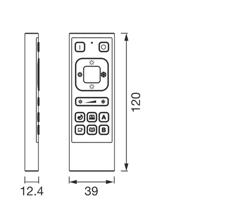 Maßzeichnung einer Fernbedienung mit einer Länge von 120 Millimetern, einer Breite von 39 Millimetern und einer Tiefe von 12.4 Millimetern.