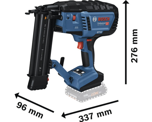 Bosch Professional Akku-Nagler GNH 18 Volt-50 M mit Abmessungen 276 Millimeter Höhe, 337 Millimeter Länge und 96 Millimeter Breite.