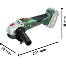 Grüner Bosch Akku-Winkelschleifer PWS 18 Volt-70 mit Abmessungen 291 Millimeter Länge, 70 Millimeter Breite und 119 Millimeter Höhe.