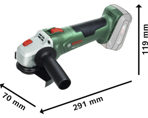 Grüner Bosch Akku-Winkelschleifer PWS 18 Volt-70 mit Abmessungen 291 Millimeter Länge, 70 Millimeter Breite und 119 Millimeter Höhe.