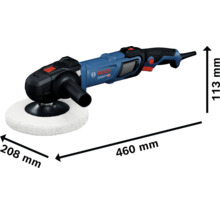 Bosch Professional Polierer mit Abmessungen: Länge 460 Millimeter, Höhe 113 Millimeter, Breite 208 Millimeter.