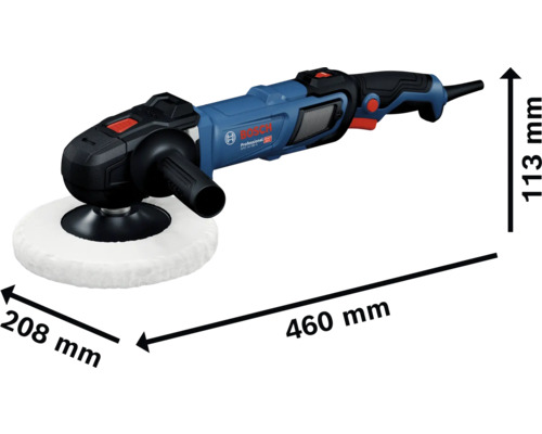 Bosch Professional Polierer mit Abmessungen: Länge 460 Millimeter, Höhe 113 Millimeter, Breite 208 Millimeter.