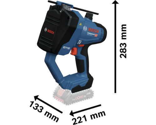 Bosch Professional GGC 18V-12 Akku-Werkzeug mit Bosch Logo: Höhe 283 Millimeter, Länge 221 Millimeter, Breite 133 Millimeter.