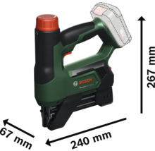 Bosch Akku Tacker AdvancedTacker 18V-140 mit Abmessungen: Höhe 267 Millimeter, Länge 240 Millimeter, Breite 67 Millimeter.
