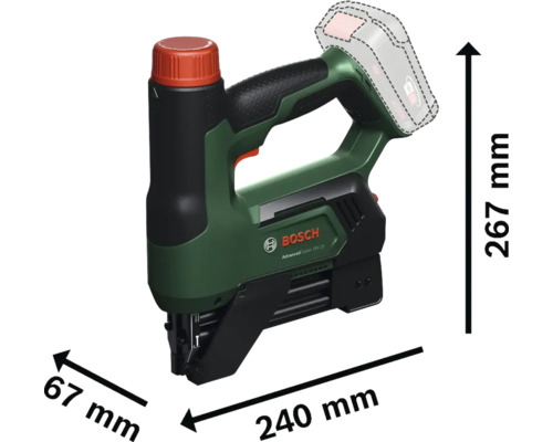 Bosch Akku Tacker AdvancedTacker 18V-140 mit Abmessungen: Höhe 267 Millimeter, Länge 240 Millimeter, Breite 67 Millimeter.