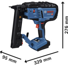 Bosch Logo auf Akku-Klammergerät GTH 18V-38 M. Abmessungen: Höhe 276 Millimeter, Länge 329 Millimeter, Breite 95 Millimeter.