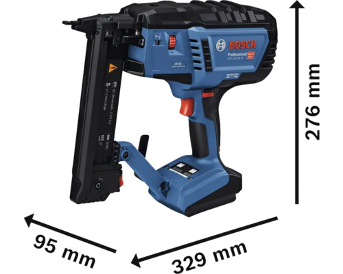Bosch Logo auf Akku-Klammergerät GTH 18V-38 M. Abmessungen: Höhe 276 Millimeter, Länge 329 Millimeter, Breite 95 Millimeter.