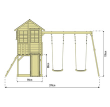 Abbildung eines Spielhauses mit Schaukelgerüst und den Maßangaben.