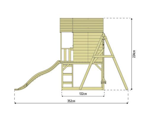 Abbildung eines Spielturms mit Rutsche und Schaukelgerüst, Maße 352 cm mal 132 cm mal 224 cm
