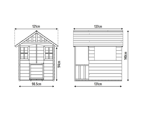 Abmessungen eines Spielhauses, Frontansicht 121 mal 94 Zentimeter, Seitenansicht 137 mal 140 Zentimeter