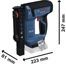 Bosch Professional Akku-Tacker mit Abmessungen von 247 Millimeter Höhe, 223 Millimeter Länge und 81 Millimeter Breite.