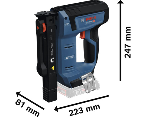 Bosch Professional Akku-Tacker mit Abmessungen von 247 Millimeter Höhe, 223 Millimeter Länge und 81 Millimeter Breite.