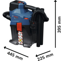 Bosch Professional Nass- und Trockensauger mit Abmessungen: Höhe 395 Millimeter, Breite 445 Millimeter, Tiefe 225 Millimeter.