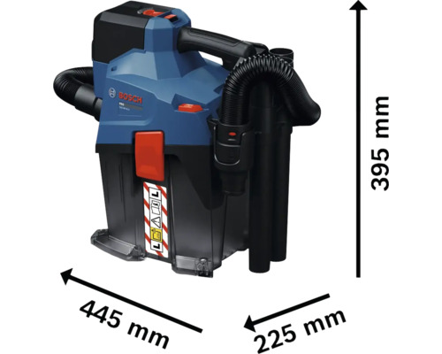 Bosch Professional Nass- und Trockensauger mit Abmessungen: Höhe 395 Millimeter, Breite 445 Millimeter, Tiefe 225 Millimeter.