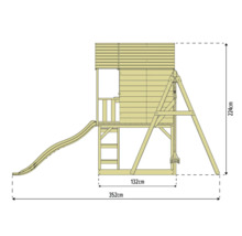 Abbildung eines Spielturms mit Rutsche und Schaukelgerüst, Maße 352 cm mal 132 cm mal 224 cm