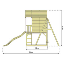 Dimensionsdarstellung eines Spielturms mit Rutsche und Schaukel