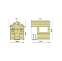 Technische Zeichnung eines Holzspielhauses mit Maßangaben