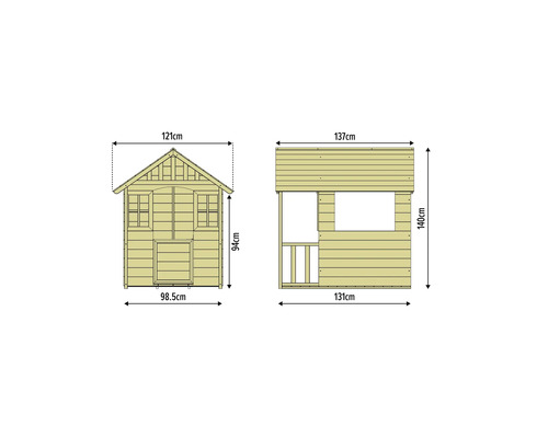 Technische Zeichnung eines Holzspielhauses mit Maßangaben