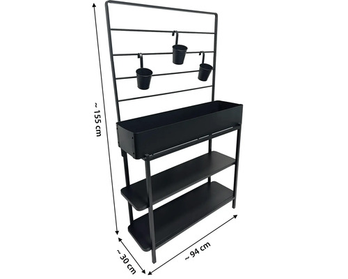 Schwarzes Pflanzenregal mit Pflanzkästen und Regalböden, circa 155 cm hoch, 94 cm breit und 30 cm tief.
