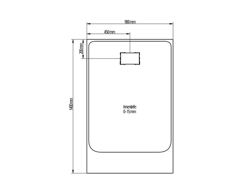 Technische Zeichnung einer Duschwanne mit den Maßen 1400 mm Länge und 900 mm Breite.