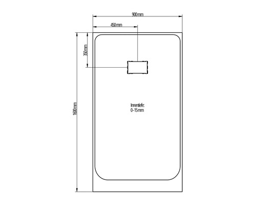 Technische Zeichnung einer Duschwanne mit Maßangaben 900 x 1600 Millimeter