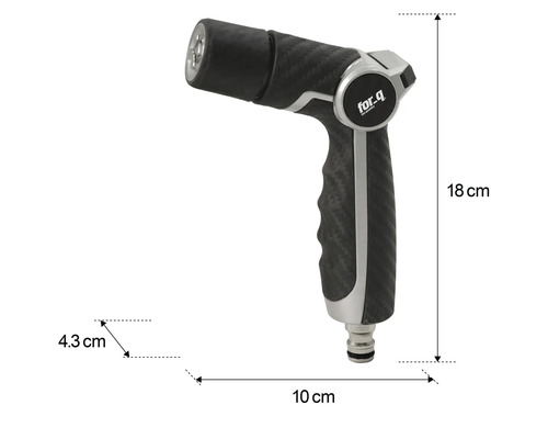 Gartenspritze mit Abmessungen: 18 cm Höhe, 10 cm Länge und 4,3 cm Breite