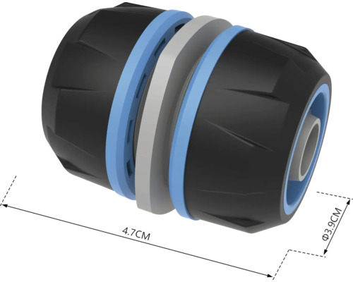 Gartenschlauchverbinder mit den Maßen 4,7 cm Länge und 3,9 cm Durchmesser