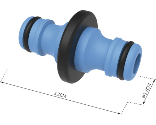 Gartenschlauchverbinder mit den Maßen 5,3 cm Länge und 3,2 cm Durchmesser