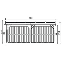 Technische Zeichnung eines Gerätehauses mit Größenangaben in Zentimetern